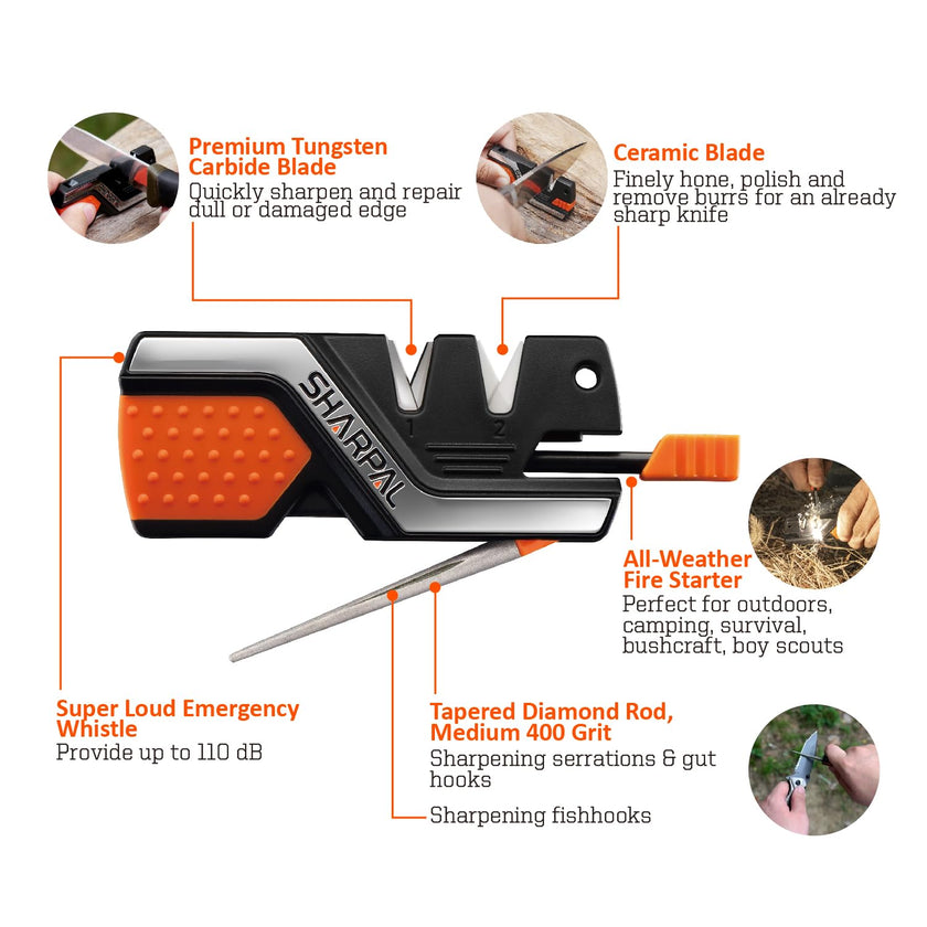 SHARPAL 101N 6-in-1 Pocket Knife Sharpener & Survival Tool, with Fire Starter, Whistle & Diamond Sharpening Rod, Quickly Repair, Restore and Hone Straight and Serrated Blade 🍁 All In One Marketplace Canada