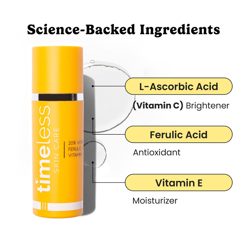 Timeless Skin Care Vitamin C Serum with Vitamin E & Ferulic Acid - 20% Vitamin C Brightening Serum - FaceSerum for Oily & Dry Skin - Fragrance-FreeSerum for Skin Care - 4 oz 🍁 All In One Marketplace Canada