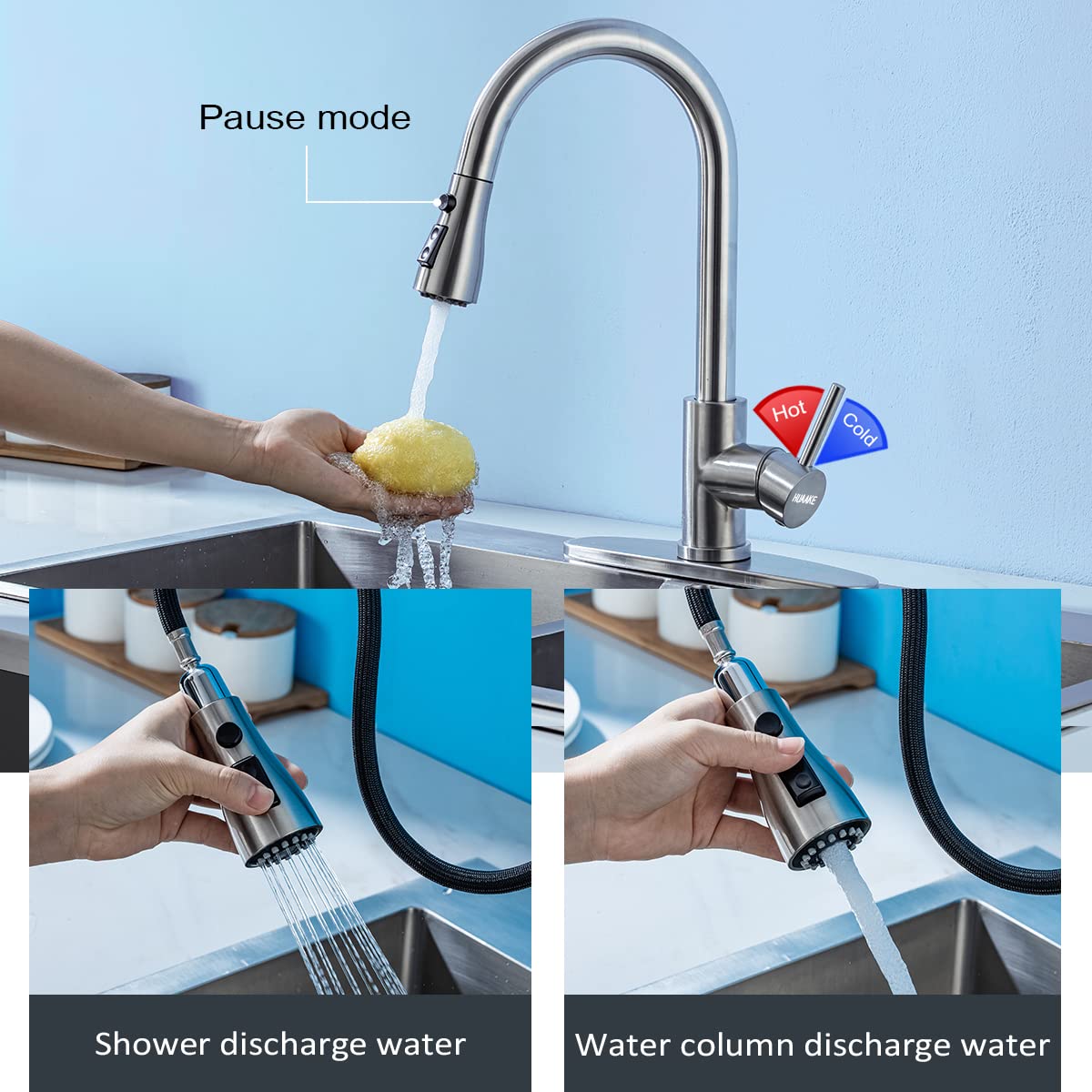 HUAAKE Kitchen Faucet with Pull Down Sprayer, Multi-Function Stainless Steel Single Handle High Arc Kitchen Sink Faucet, 360° Swivel Modern Commercial Kitchen tap with Deck Plate 🍁 All In One Marketplace Canada