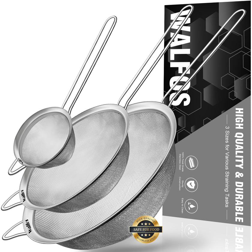 Walfos Fine Mesh Strainers Set, Premium Stainless Steel Sieve and Sifter with Sturdy Handle, Metal Kitchen Strainers Perfect for for Food, Rice, Quinoa, Fruit, Tea, Flour- 3 Sizes 🍁 All In One Marketplace Canada