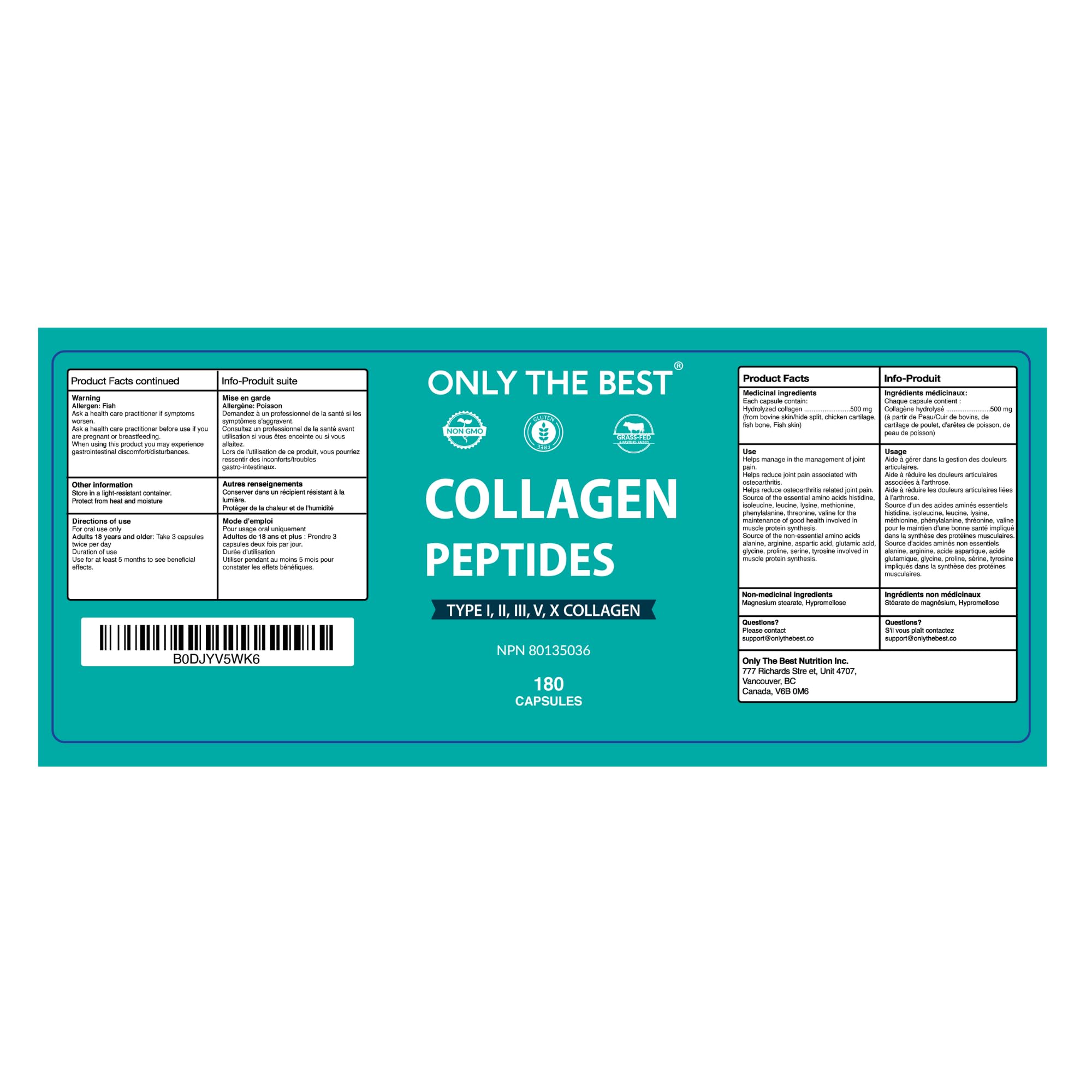 Premium Multi Collagen Peptides Capsules 3000mg - Types I, II, III, V, X To Support Skin, Hair, Nails & Bones - Helps Maintain Strong Joints, Ligaments, Muscles, & Digestive Health* - Hydrolyzed Collagen Supplement 180 Capsules