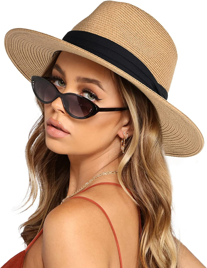 FURTALK Womens Mens Wide Brim Straw Panama Hat Fedora Summer Beach Sun Hat UPF Straw Hat for Women Khaki-Black 🍁 All In One Marketplace Canada