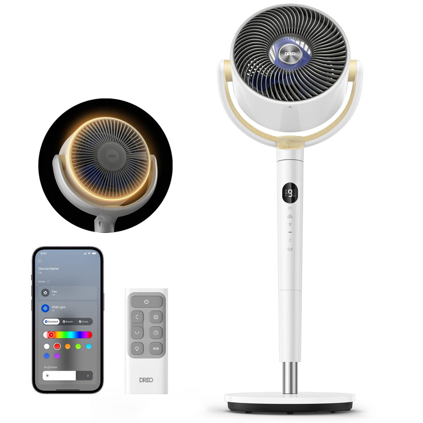 DREO Smart Fan for Bedroom, 120° +120° Omni-Directional Oscillating Fans, 90ft Quiet Pedestal Fan with RGB Light, 9 Speeds, 6 Modes, 20dB, 8H Timer, Wi-Fi/Voice/Alexa, 37-42