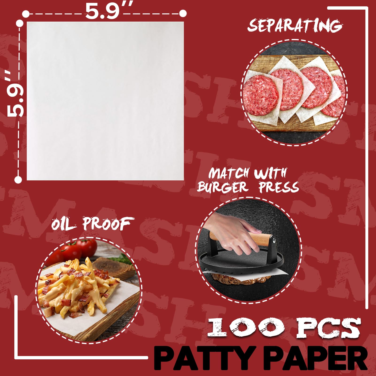 Grilliance 5pcs Smash Burger Press Kit, 3 in 1 Hamburger Press Patty Maker, Cast Iron Burger Press Round & Rectangle, 100pcs Wax Paper for Grill, Griddle, Flat top, Kitchen, Cooking 🍁 All In One Marketplace Canada