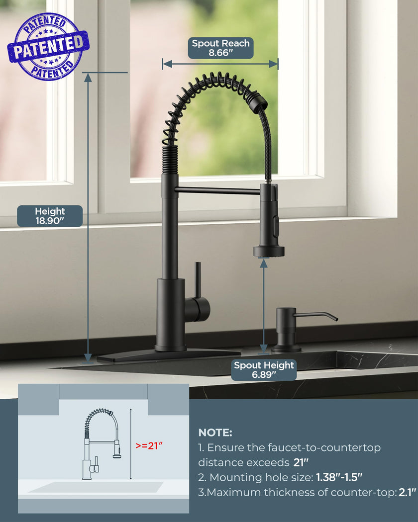FORIOUS Black Kitchen Faucet with Pull Down Sprayer, Stainless Steel Single Handle Spring Classic Sink Faucets 1 or 3 Hole, for Farmhouse Camper Laundry Rv Bar, Matte Black 🍁 All In One Marketplace Canada