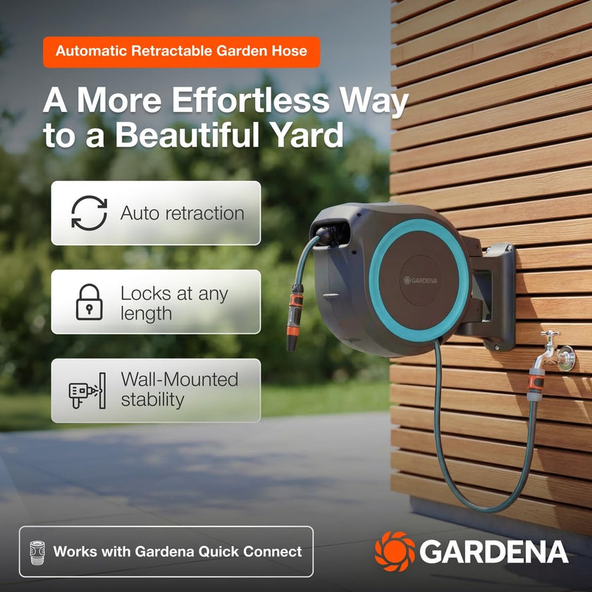 Gardena 18630-37.000.00 115 ft. Wall-Mounted Auto-Retractable Hose Reel, Frost-Proof, RollControl Technology for Safe and Slow retraction, 1/2