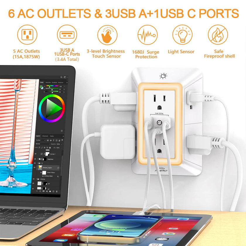 3-Sided Power Bars with Surge Protector, POWRUI 6-Outlet Extender with 3 USB Ports (1 USB C) and Night Light, Multi Plug Outlet and Spaced Outlets Adapter, ETL, White 🍁 All In One Marketplace Canada