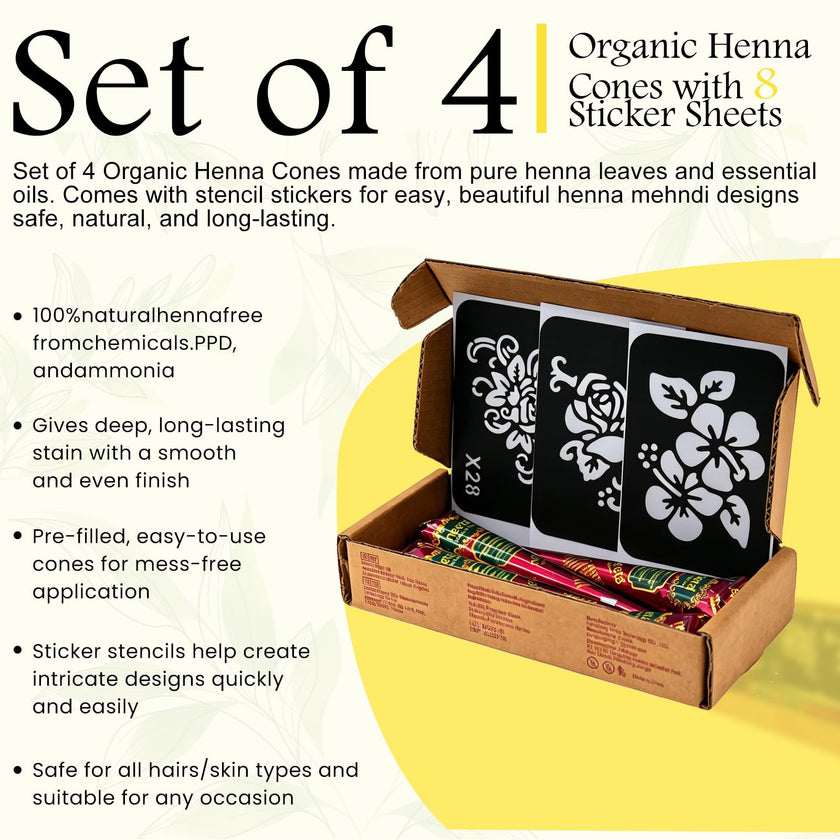 4 Pack Natural Mehendi Cone Henna Paste Temporary Tattoo Paste with 8pcs Tattoo Stencils| Each cone 25 grams | Indian Body Art Painting Drawing Tattoos Freckles (Reddish Brown Color) 🍁 All In One Marketplace Canada