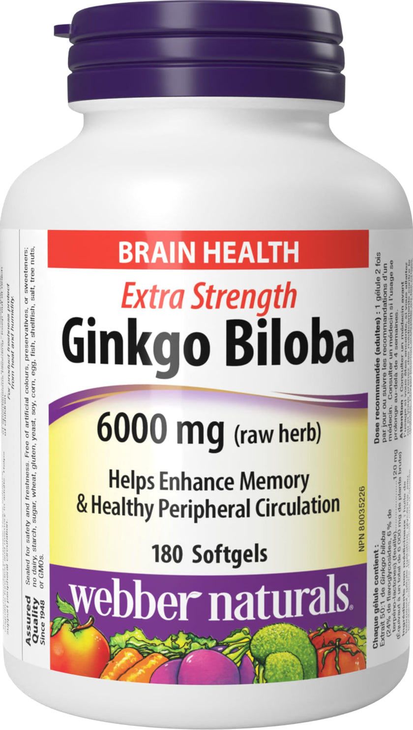 Webber Naturals Ginkgo Biloba 6000 mg, 180 Softgels, Helps Enhance Cognitive Function and Memory 🍁 All In One Marketplace Canada