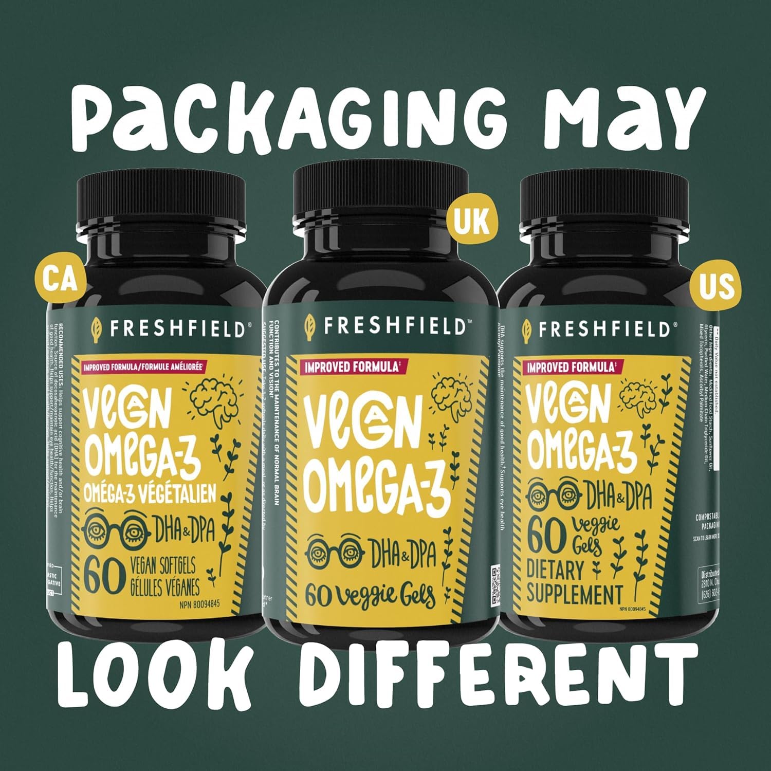 Freshfield Vegan Omega 3, Algae (Algal) Oil, Fish Oil Free Company, Third Party Tested, Carrageenan Free, DHA Supplement w/DPA, Plant Based Omega. Supports Heart, Brain, Joint Health 🍁 All In One Marketplace Canada