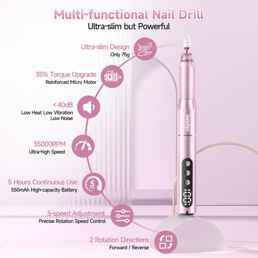 SnnyNyx Cordless Electric Nail Drill 35000 RPM, Professional Nail File Kit with LCD Display, 12 Bits & 36 Sanding Bands, Rechargeable Manicure Pedicure Kit for Acrylic Gel Nails, Salon & Home Use(Rose Gold) 🍁 All In One Marketplace Canada
