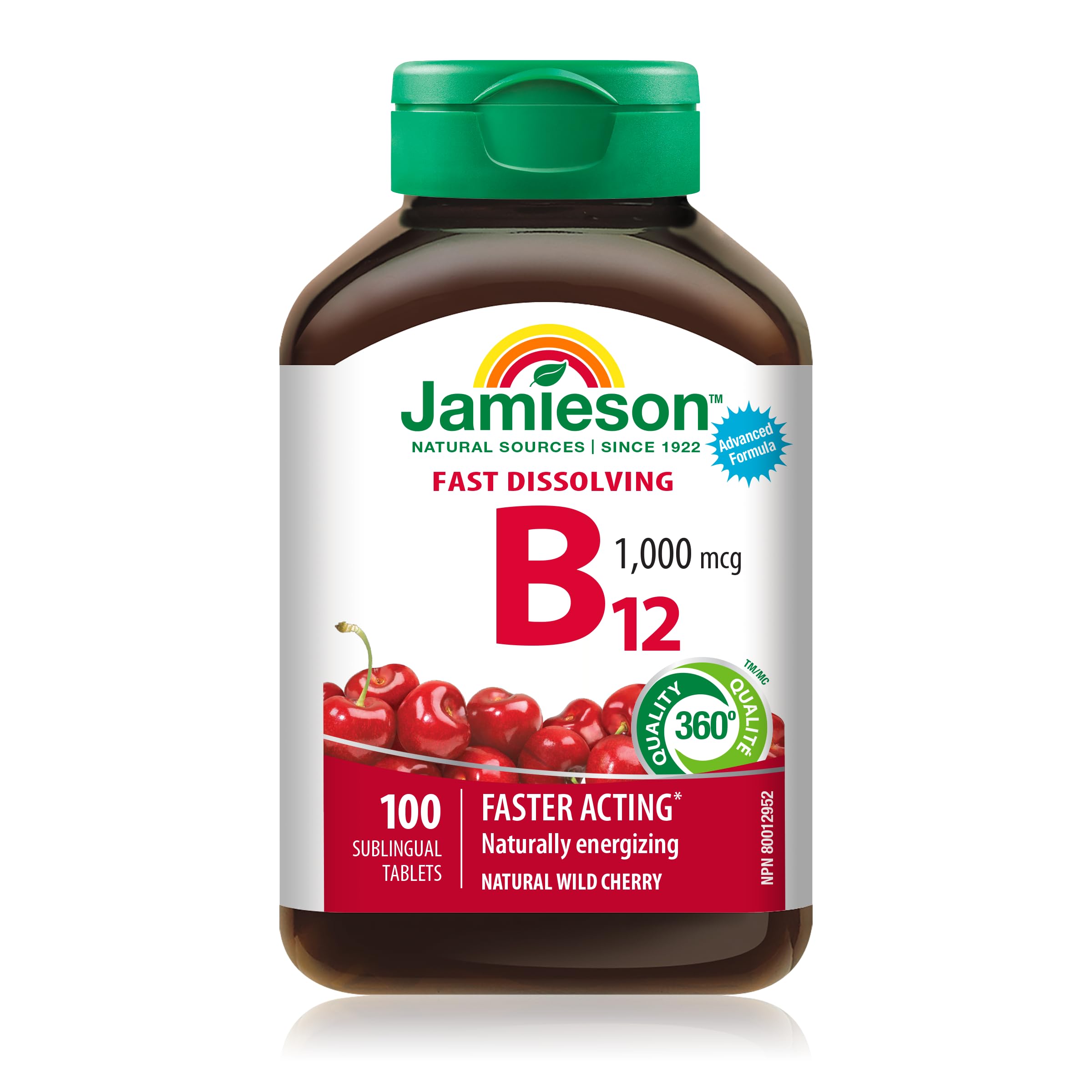Jamieson Vitamin B12 Methylcobalamin 1,000 mcg, Fast Dissolving, Faster Acting, Naturally Energizing, and Supports Metabolism. Vegetarian, Gluten-Free, Natural Wild Cherry Flavour, 100 Sublingual Tablets, Proudly Canadian 🍁 All In One Marketplace Canada
