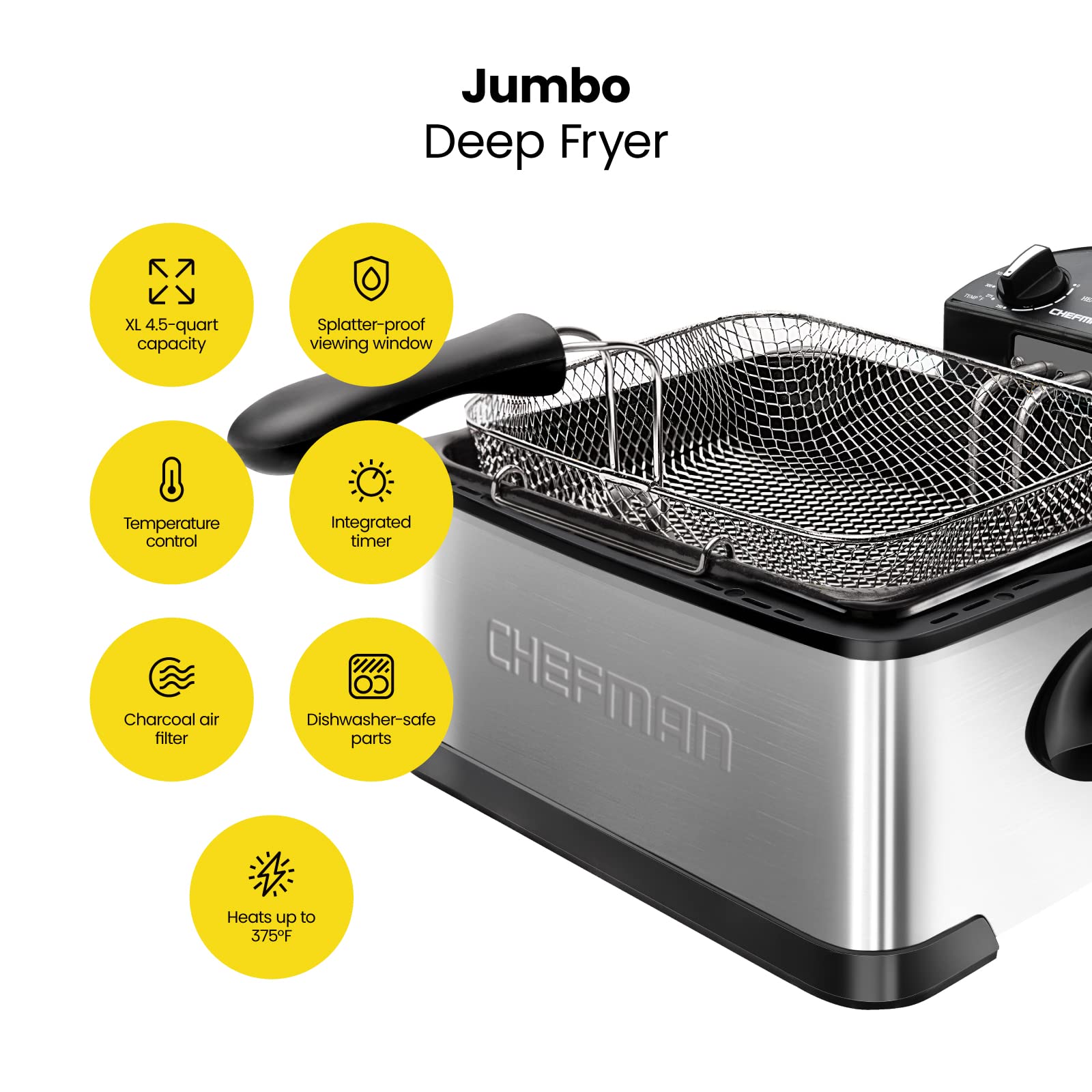 Chefman 4.3 Liter Deep Fryer with Basket for Home Use, XL Jumbo Size Fry Basket Strainer, Adjustable Temperature & Timer Fish Fryer, Chicken Fryer, French Fry Maker, Gifts for Cooks, Stainless Steel 🍁 All In One Marketplace Canada