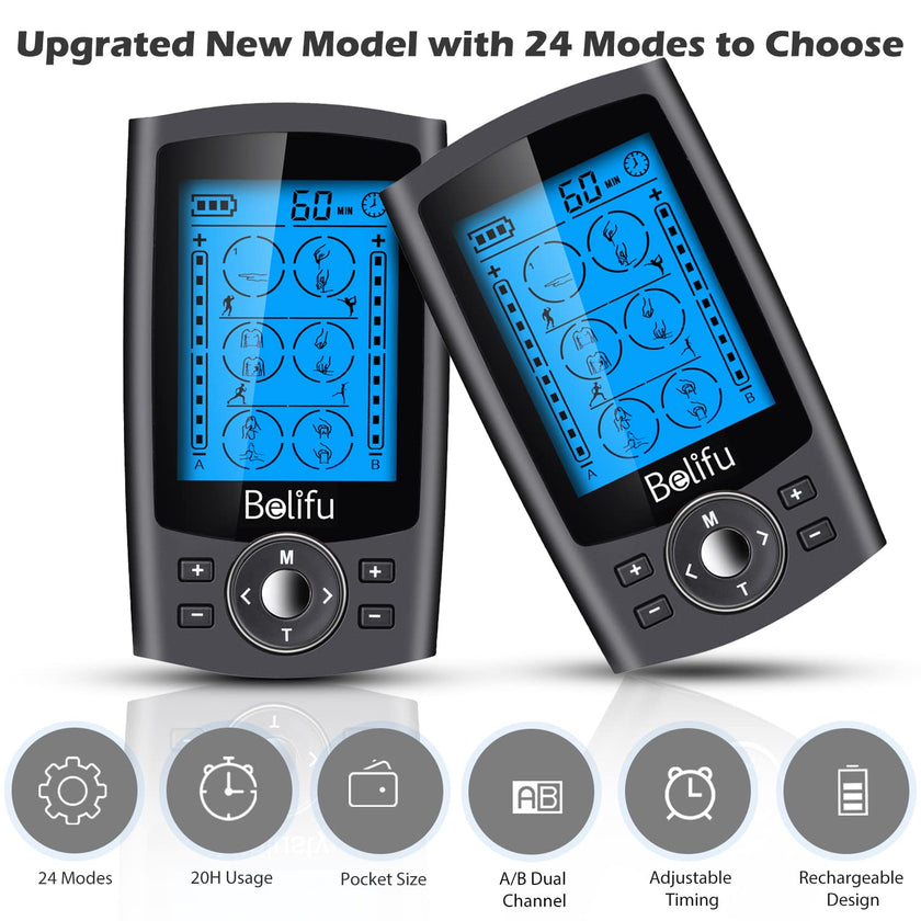 Belifu Dual Channel TENS EMS Unit with 12 Pads, 24 Modes Muscle Stimulator, Electronic Pulse Massager Muscle Massager for Pain Relief Therapy, Fastening Cable Ties, Dust-Proof Drawstring Storage Bag 🍁 All In One Marketplace Canada