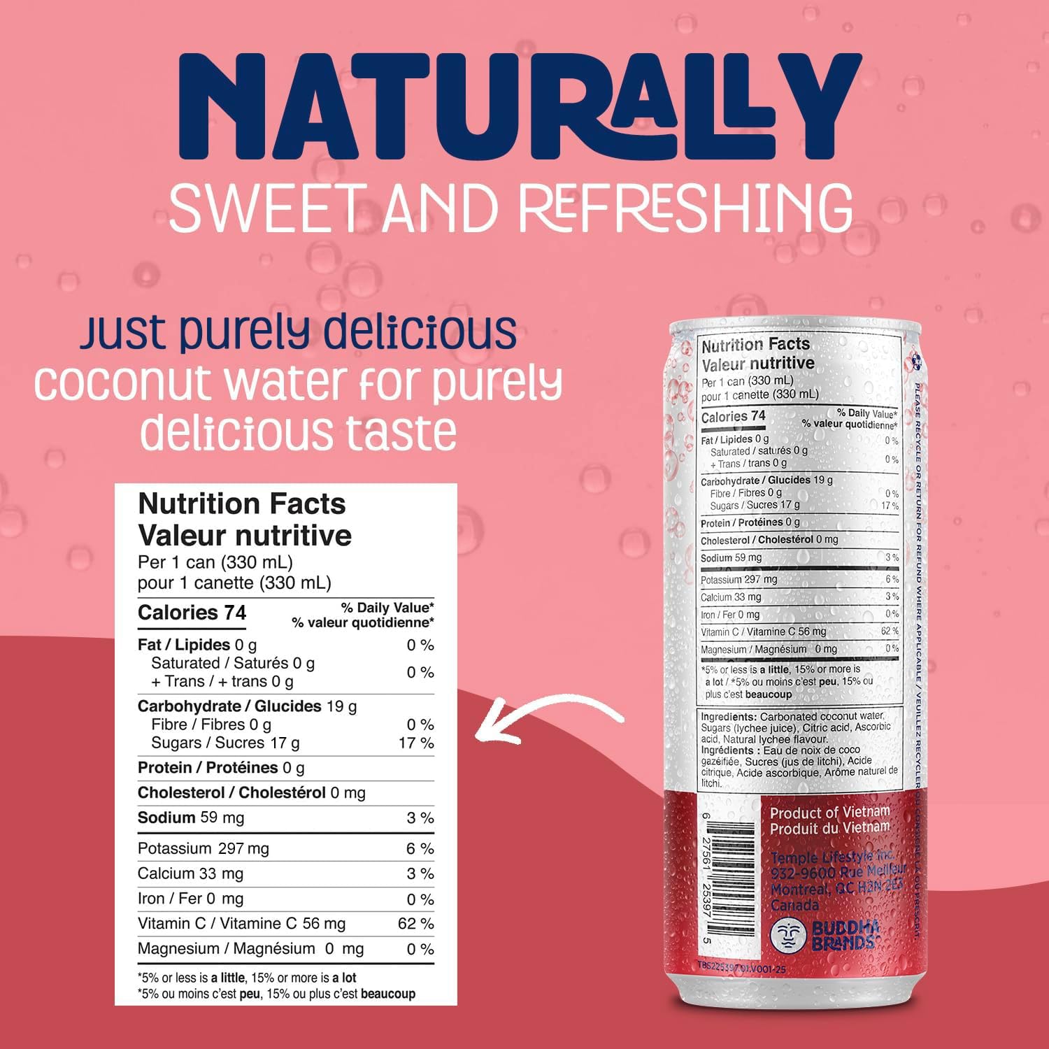 THIRSTY BUDDHA Sparkling Coconut Water with Lychee, No Added Sugar, Pure Coco Drink, Natural Fruit Flavour, Electrolyte & Nutrient-Rich, 12 Pack, (12/330ml) 🍁 All In One Marketplace Canada