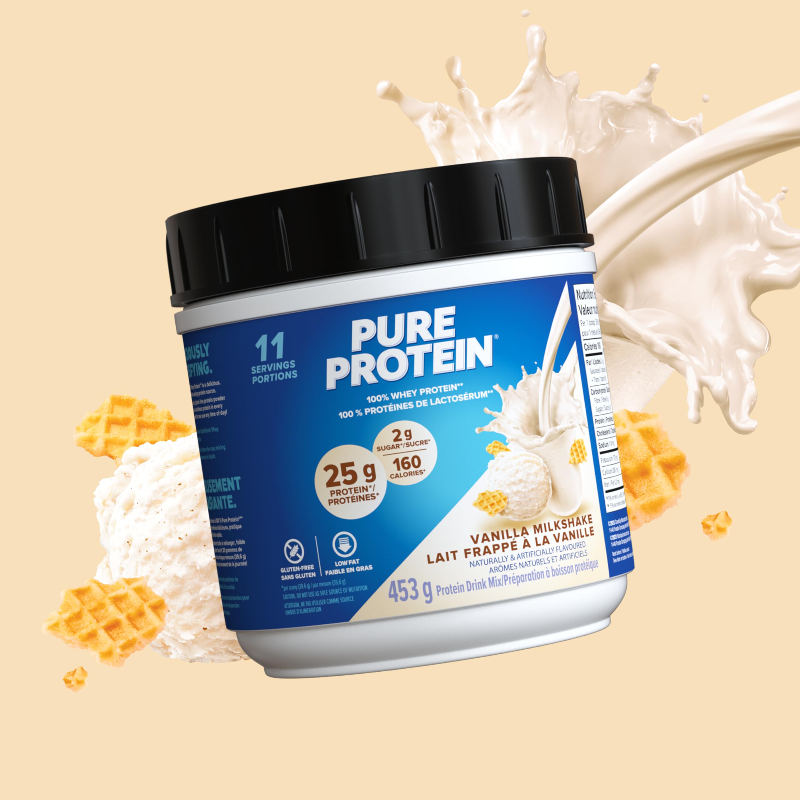 Pure Protein Whey Powder - High Protein (25 g/scoop), Low Sugar (2 g/scoop), Gluten Free, Fast-Acting Formula, Vanilla, 453g 🍁 All In One Marketplace Canada