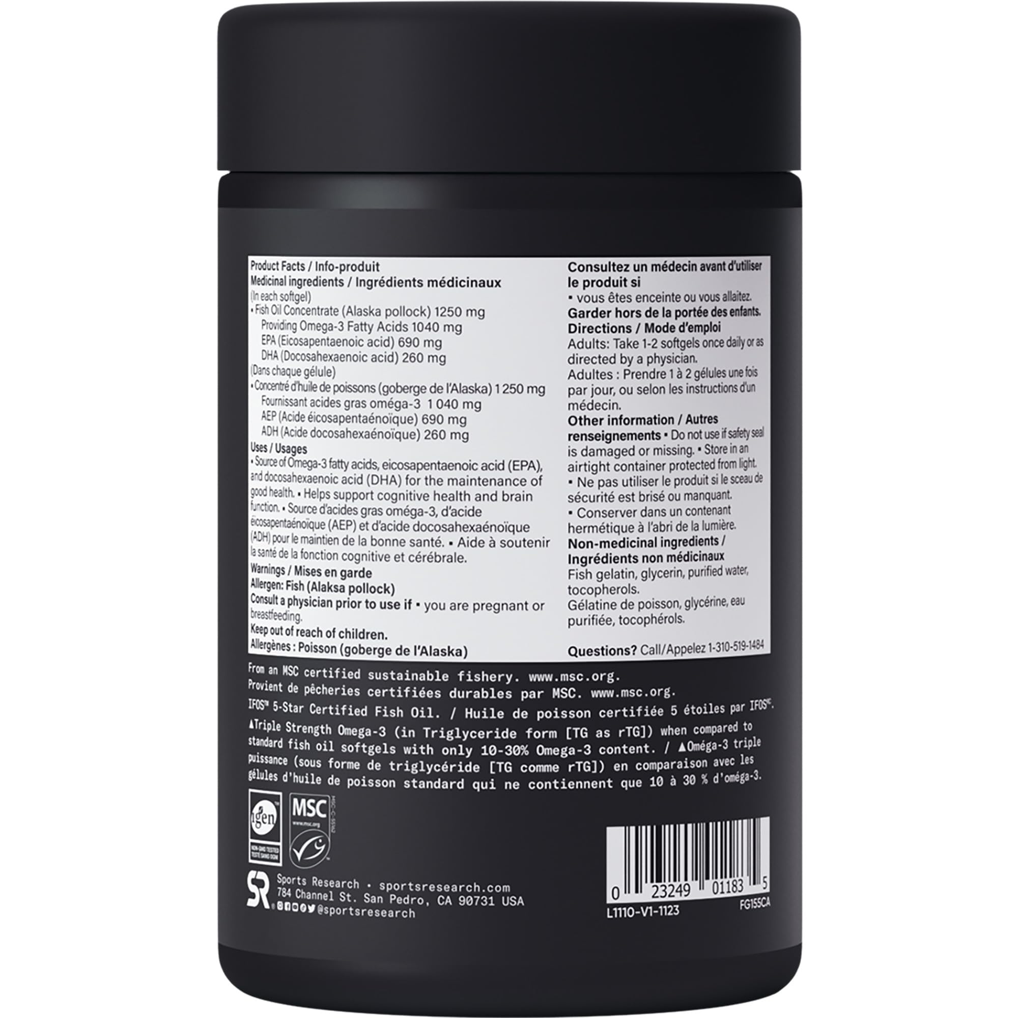 Sports Research Triple Strength Omega 3 Fish Oil - Burpless Fish Oil Supplement w/EPA & DHA Fatty Acids from Wild Alaskan Pollock - Heart, Brain & Immune Support for Men & Women - 1250 mg, 90 ct 🍁 All In One Marketplace Canada