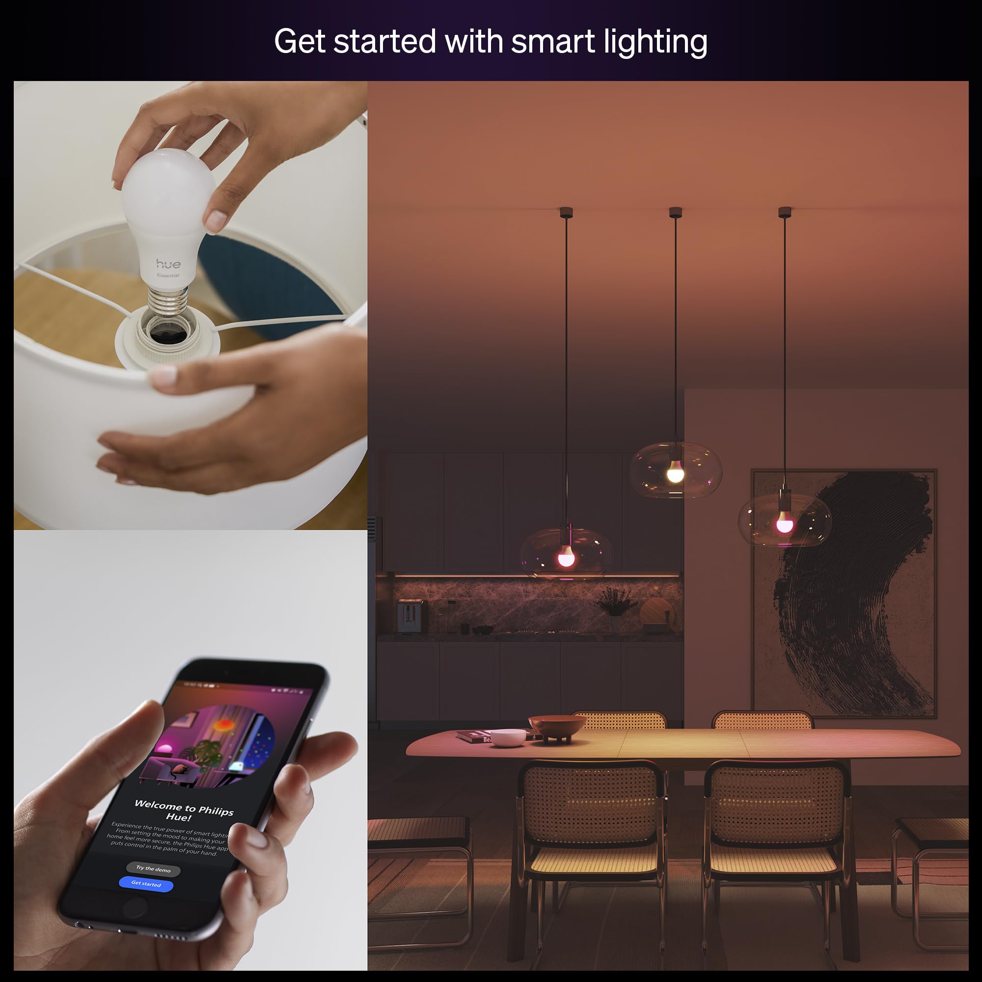 Philips Hue Essential Smart LED A19 Bulb, White and Color Ambiance, E26 Base, 8.8W, 2200K-6500K, 800 Lumens, Dimmable, Works with Alexa, Google Assistant, and Apple Home, 3 Pack 🍁 All In One Marketplace Canada
