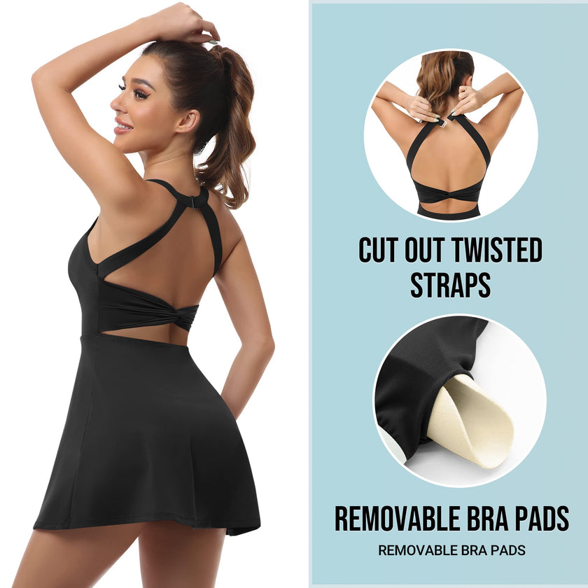Womens Workout Tennis Dress with Built in Shorts and Bra Athletic Golf Activewear for Exercise, Black, Medium 🍁 All In One Marketplace Canada