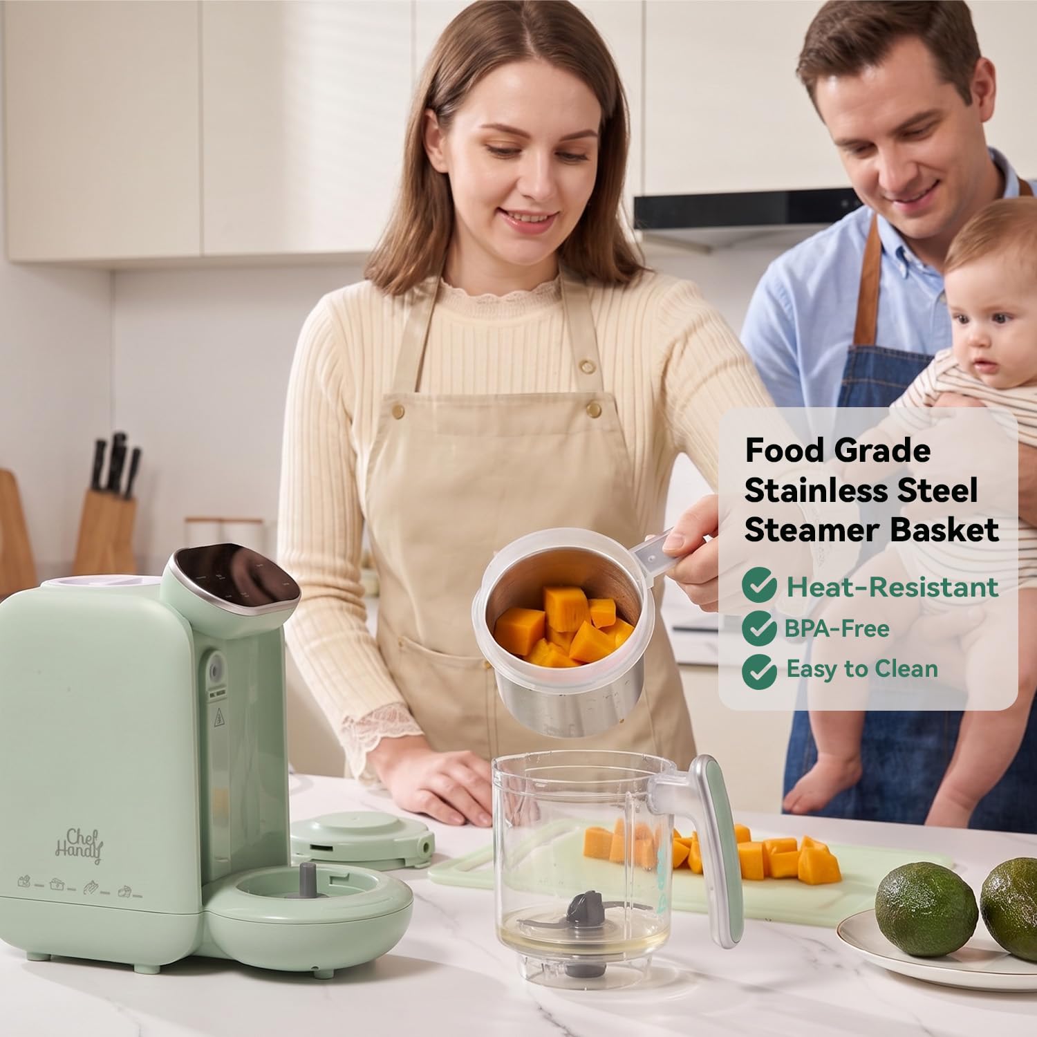 Chefhandy Baby Food Maker with Stainless Steel Steam Basket, 5-in-1 Baby Food Processor, Steamer & Blender, Auto Cooking, Pureeing, Reheating & Steam Cleaning, BPA-Free, 6 Reusable Pouches, Green 🍁 All In One Marketplace Canada