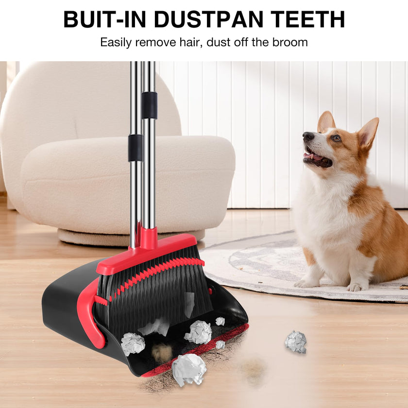 Broom and Dustpan Set, 52-in Long Adjustable Handle Broom Dustpan Combo with Dustpan Teeth to Automatically Clean Hair Suitable for Home Kitchen Office Hall Floor（Black&Red） 🍁 All In One Marketplace Canada