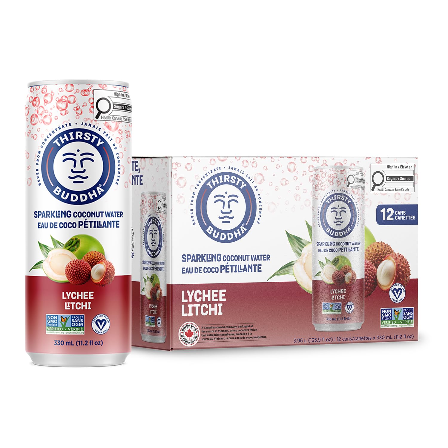 THIRSTY BUDDHA Sparkling Coconut Water with Lychee, No Added Sugar, Pure Coco Drink, Natural Fruit Flavour, Electrolyte & Nutrient-Rich, 12 Pack, (12/330ml) 🍁 All In One Marketplace Canada