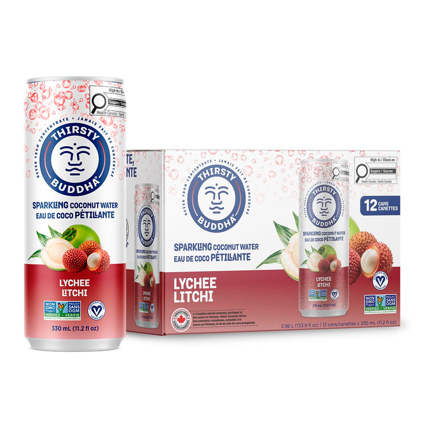THIRSTY BUDDHA Sparkling Coconut Water with Lychee, No Added Sugar, Pure Coco Drink, Natural Fruit Flavour, Electrolyte & Nutrient-Rich, 12 Pack, (12/330ml) 🍁 All In One Marketplace Canada