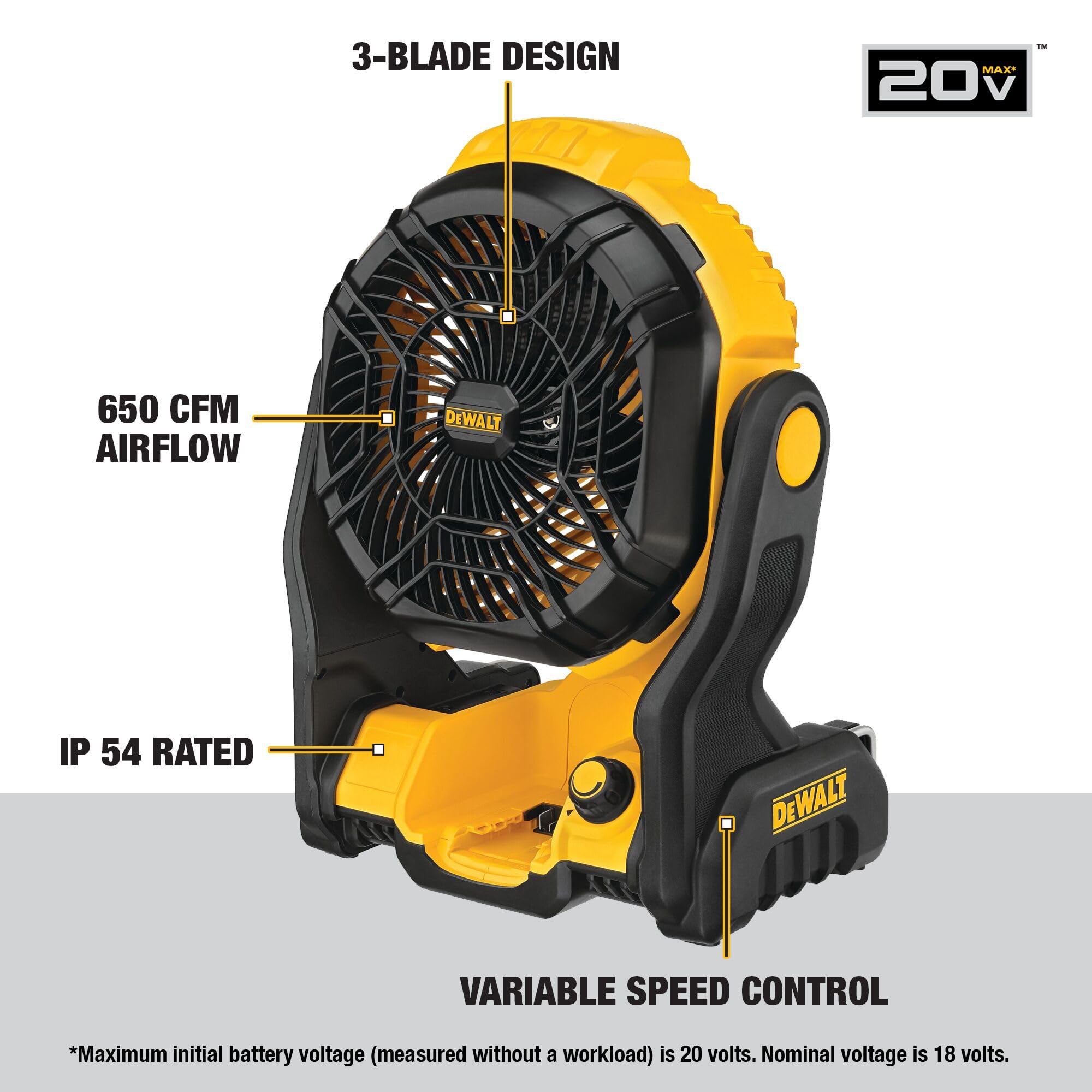 DEWALT 20V MAX* Cordless Fan, Portable, Multi Hanging, Up to 650 CFM Airflow, Tool Only (DCE512B) 🍁 All In One Marketplace Canada