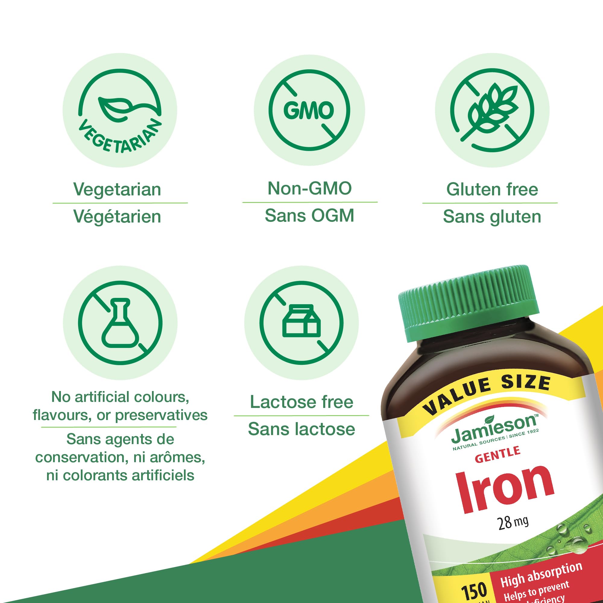 Jamieson Iron 28 mg, with Folic Acid, Vitamin B2, Vitamin B12, and Vitamin C, Helps Prevents Iron Deficiency, Provides Superior Absorption, and Gentle on the Stomach. Non-GMO, Gluten-Free, 150 Vegetarian Capsules 🍁 All In One Marketplace Canada