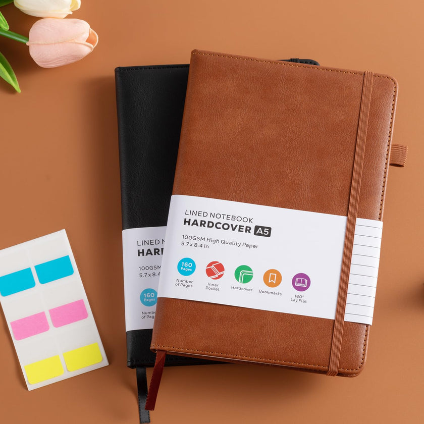 2 Pack Journal Notebook, Hardcover A5 Diary Journal for Women/Men Work, Leather Notebooks for School Supplies, 100GSM Lined Paper, No Bleed, Inner Pocket, Brown Black 🍁 All In One Marketplace Canada