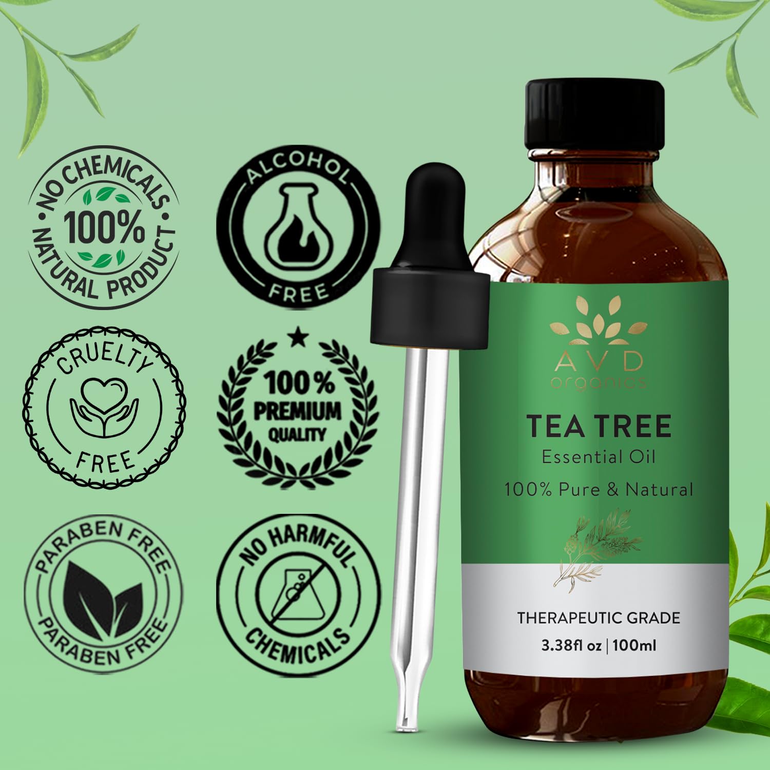 AVD Organics Tea Tree Oil | 100% Pure and Natural Tea Tree Essential Oil for skin | for Nail Fungus Face Aromatherapy Home Diffusers Carrier | 3.38 fl. Oz 🍁 All In One Marketplace Canada