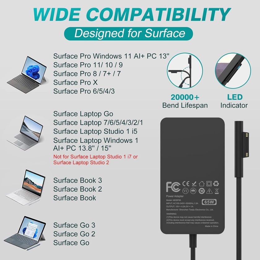 IFEART 65W Laptop Charger Compatible with Surface Pro 11/10/ 9/8/ 7+/ 7/6/ 5/4/ 3/ X, Power Adapter for Surface Laptop 7/6/5/4/3/2/1, Book 3/2/1, Go Tablet, Support 44W, 36W, 10FT 🍁 All In One Marketplace Canada