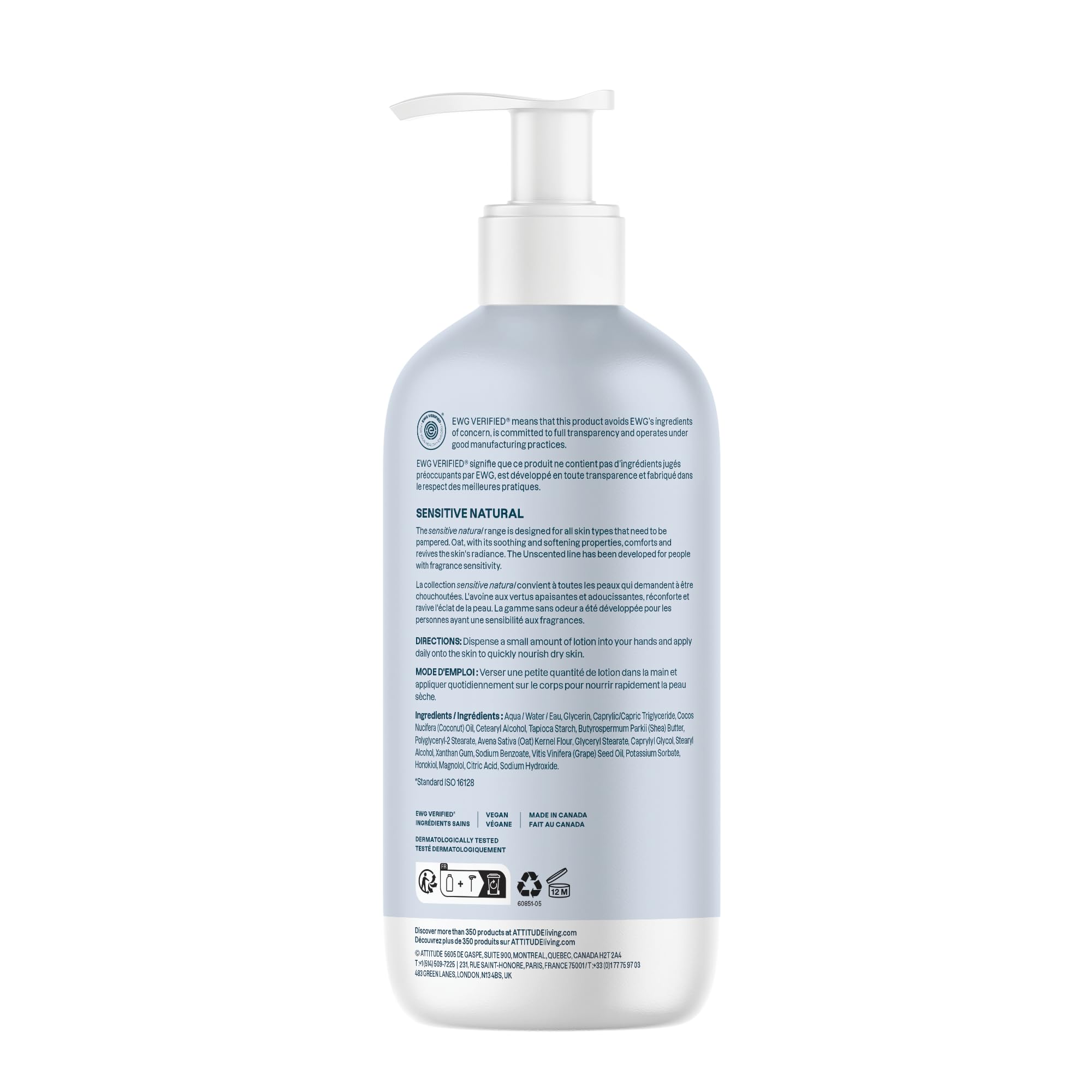 ATTITUDE Body Lotion for Sensitive Skin with Oat, Made in Canada, EWG Verified, Dermatologically Tested, Vegan, Extra Gentle, Unscented, 473 mL 🍁 All In One Marketplace Canada