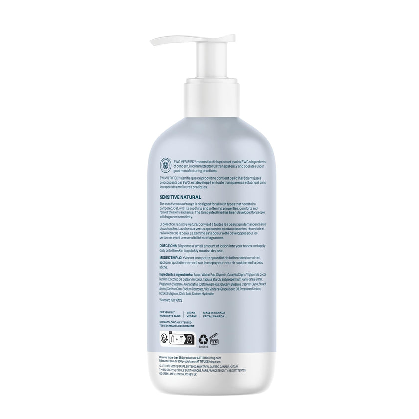 ATTITUDE Body Lotion for Sensitive Skin with Oat, Made in Canada, EWG Verified, Dermatologically Tested, Vegan, Extra Gentle, Unscented, 473 mL 🍁 All In One Marketplace Canada