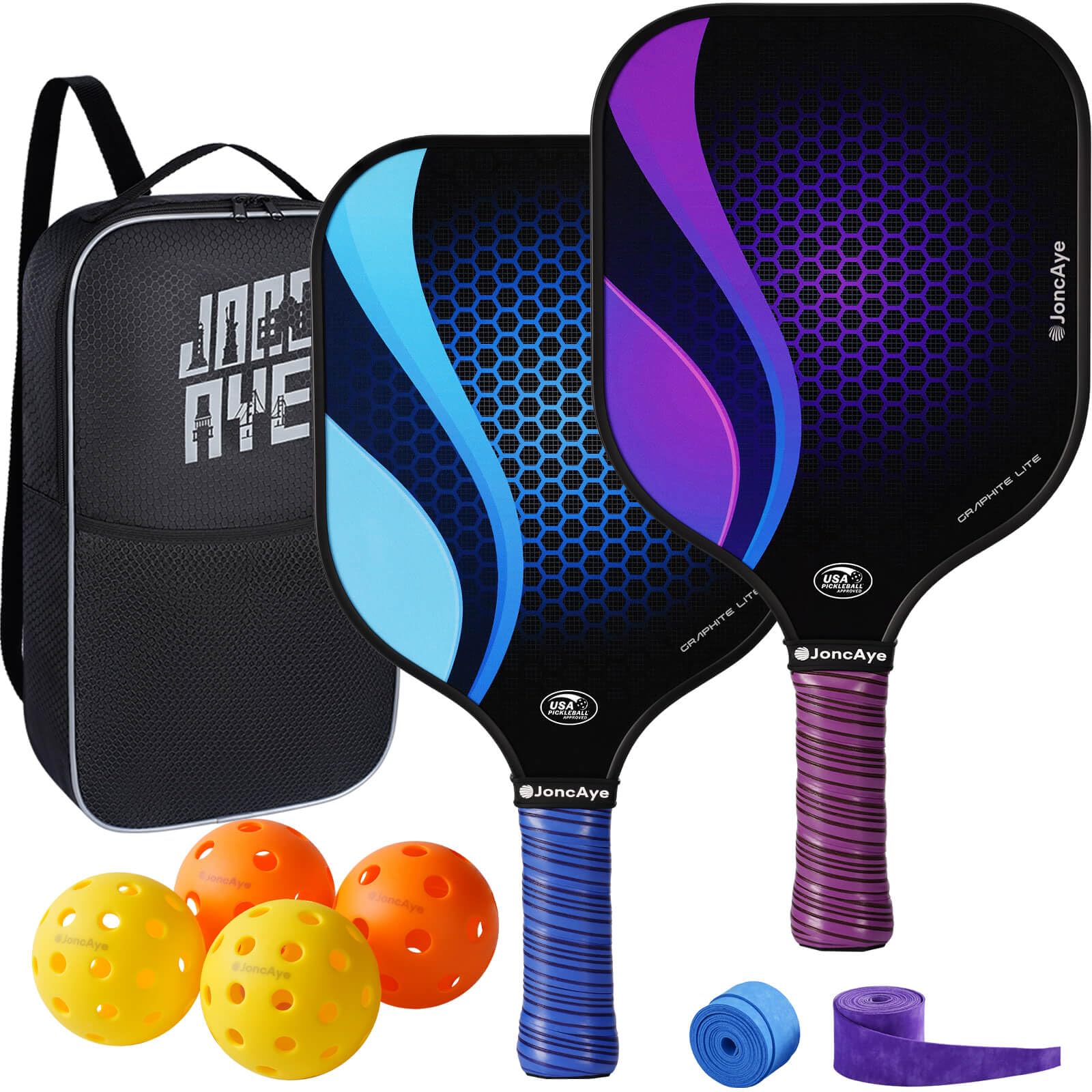 JoncAye Pickle-Ball Paddles Set of 2, Graphite Fiberglass Raquette with Indoor Outdoor Balls, Bag, Grip Tape, USAPA Approved Rackets for Beginners Intermediate All Levels 🍁 All In One Marketplace Canada
