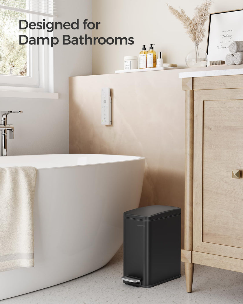 SONGMICS Bathroom Trash Can, Small Trash Bin with Lid, Slim for Small Spaces, Stainless Steel Garbage Can, Soft Close, 1.3 Gallon (5 L) Black ULTB560B05 🍁 All In One Marketplace Canada