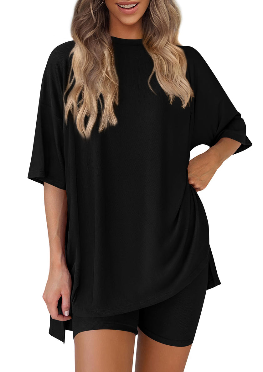 PRETTYGARDEN Women's Two Piece Lounge Set 2026 Summer Casual Oversized Shirts Biker Shorts Matching Airport Travel Outfit (Black,X-Large) 🍁 All In One Marketplace Canada