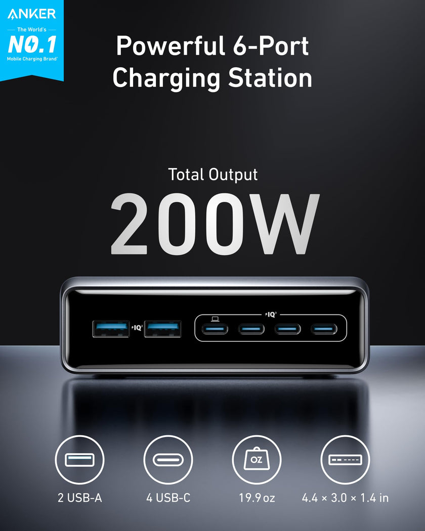 Anker Prime Charger, 200W 6-Port GaN Charging Station, USB-C PD Fast Charging Desktop Charger, Compatible with iPhone 17/Series, Samsung, MacBook, Dell and More 🍁 All In One Marketplace Canada
