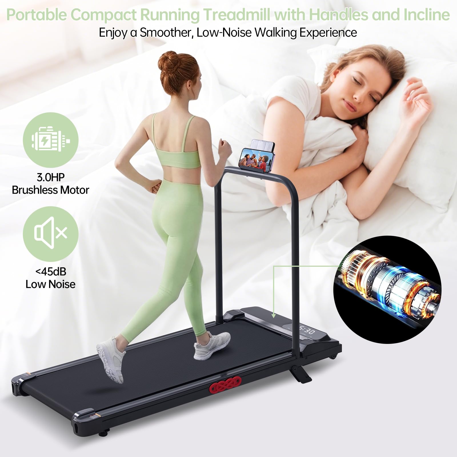 Walking Pad Treadmill with Handle Bar, 3.0HP Portable Small Walking Treadmills for Home Small, 0.6-7.6MPH Compact Treadmill for Exercising, Under The Desk Mini Treadmills with Incline, Model V407 🍁 All In One Marketplace Canada
