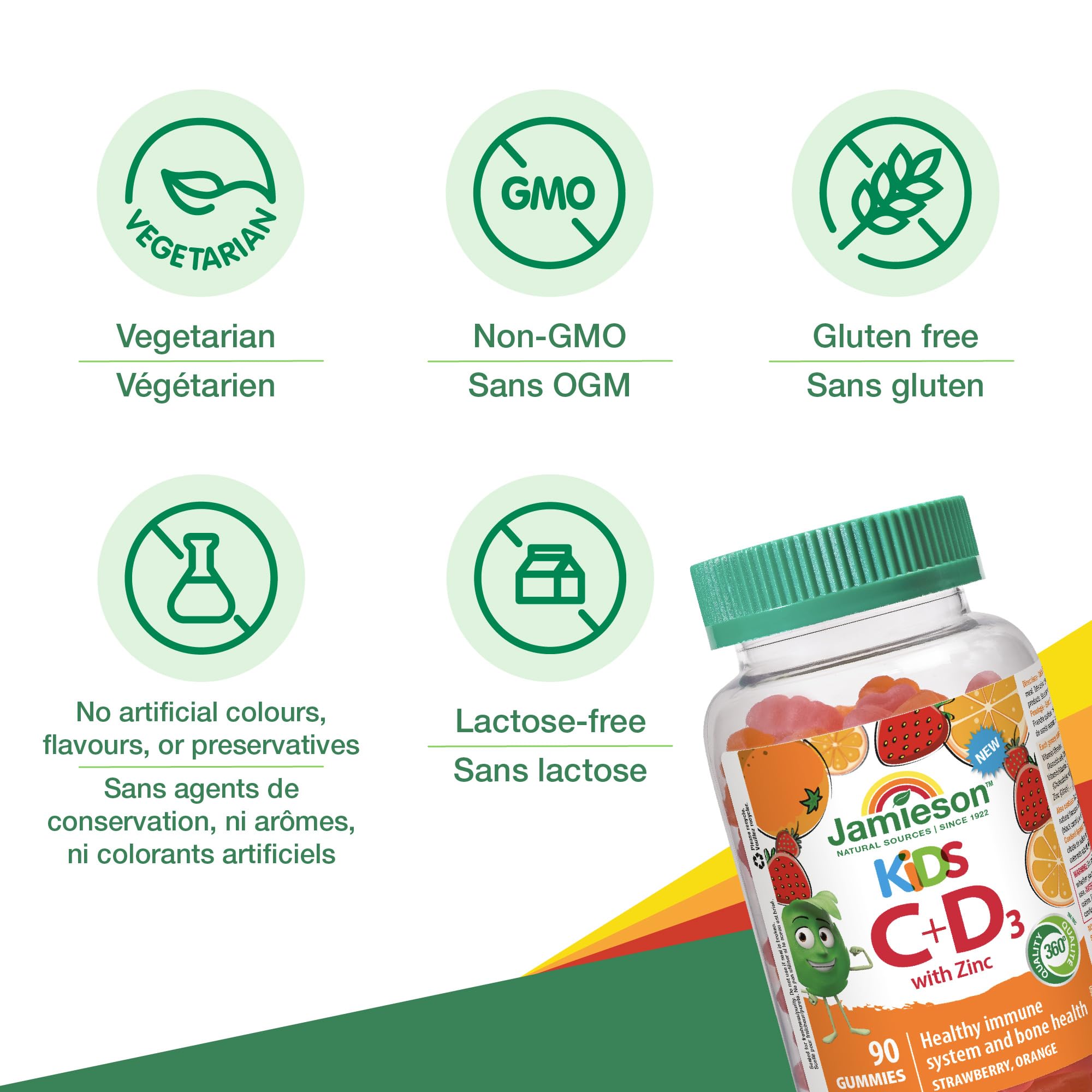 Jamieson Kids Immune Gummies with Vitamin C, Vitamin D & Zinc, 90 Gummies, Strawberry and Orange Flavours, Supports Immune Health, Strong Teeth and Bones, Helps in Wound Healing. Vegetarian, Non-GMO 🍁 All In One Marketplace Canada