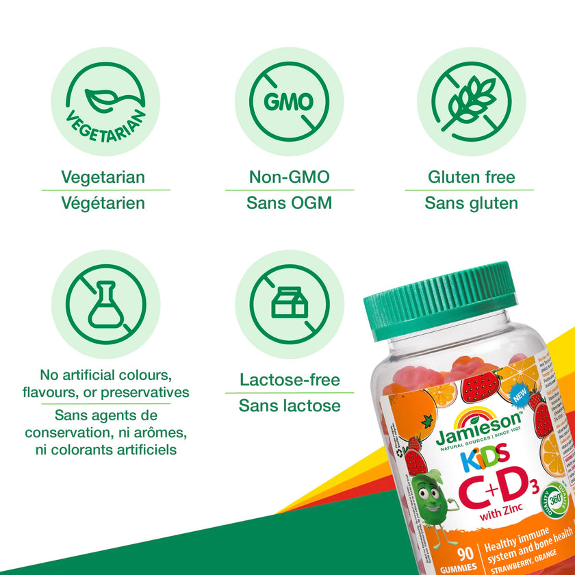 Jamieson Kids Immune Gummies with Vitamin C, Vitamin D & Zinc, 90 Gummies, Strawberry and Orange Flavours, Supports Immune Health, Strong Teeth and Bones, Helps in Wound Healing. Vegetarian, Non-GMO 🍁 All In One Marketplace Canada