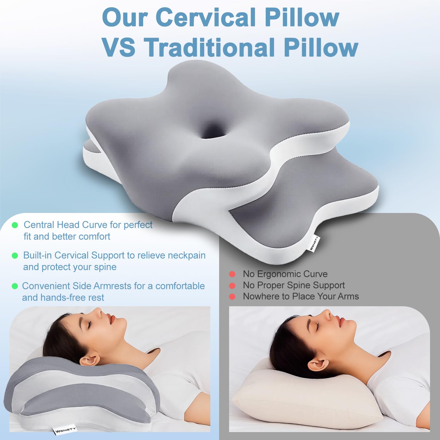 Sleep Apnea Pillow with Neck Pain & Snoring Relief -Orthopedic Cervical Pillow, Ergonomic Contour Memory Foam Pillow for Side,Back,Stomach Sleepers,Dreamers (Gray, Queen Size) 🍁 All In One Marketplace Canada
