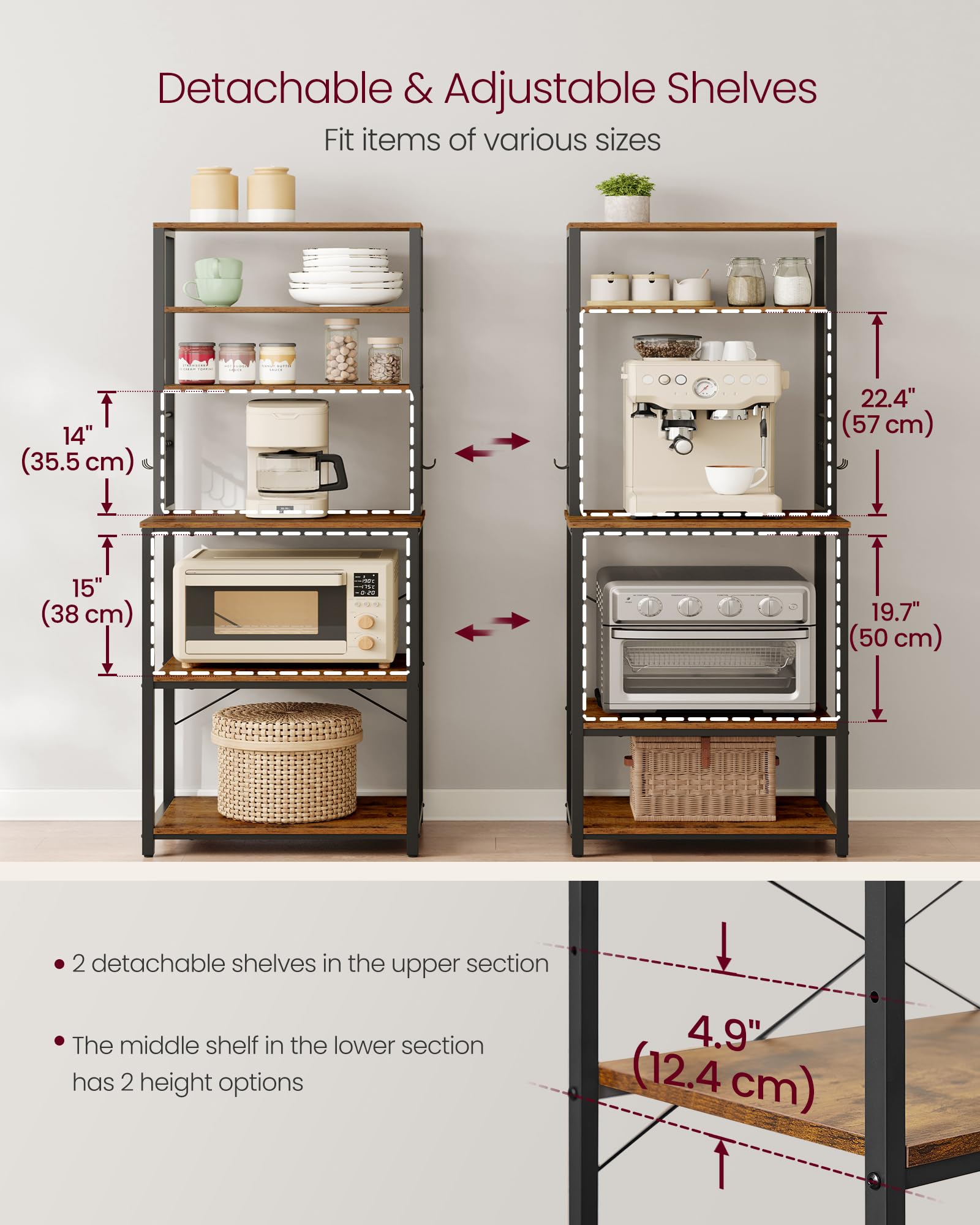 VASAGLE Coffee Bar, Baker’s Rack for Kitchen with Storage, 6-Tier Kitchen Shelves with 6 Hooks, Microwave Stand, Industrial, 15.7 x 23.6 x 65.7 Inches, Rustic Brown and Black UKKS024B01 🍁 All In One Marketplace Canada