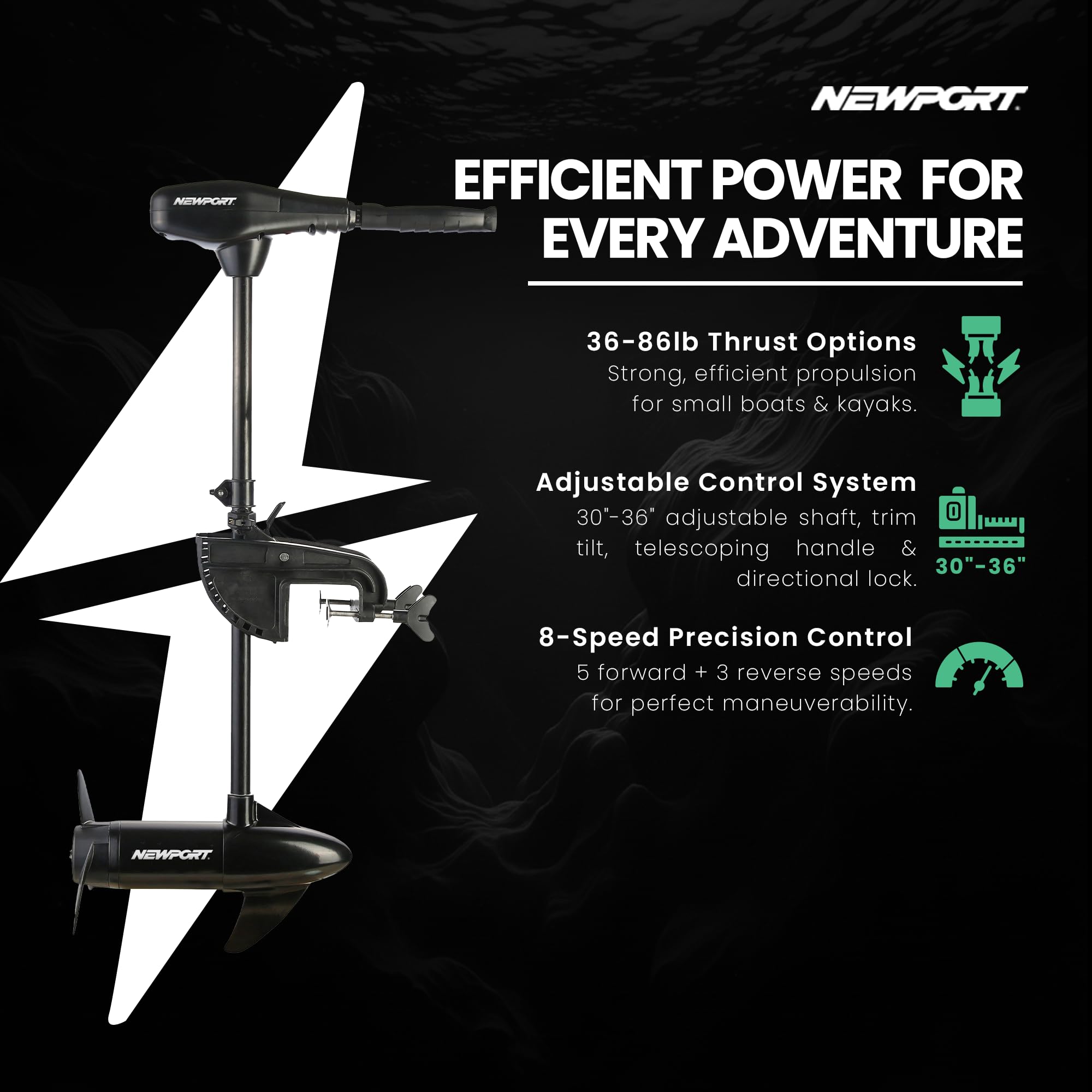 Newport Vessels NV-Series 46lb Thrust Saltwater Transom Mounted Trolling Electric Trolling Motor w/ LED Battery Indicator & 30