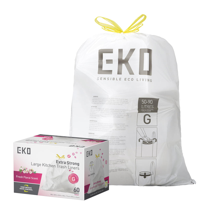 EKO Extra Strong 21 Gallon Large Trash Bags, Heavy-Duty Drawstring Kitchen & Household Garbage Bags (80L), Leak-Resistant, Fresh Floral Scent, Continuous Odor Control, 60 Count, Code G 🍁 All In One Marketplace Canada