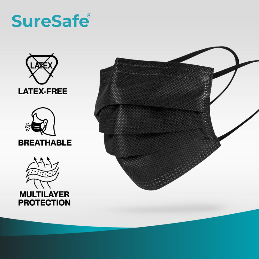 SURESAFE Premium Black Mask - Disposable Face Mask Pack of 100, 3 Ply face mask with Ear Loop, Women and Men Face Mask, High Filtration 🍁 All In One Marketplace Canada