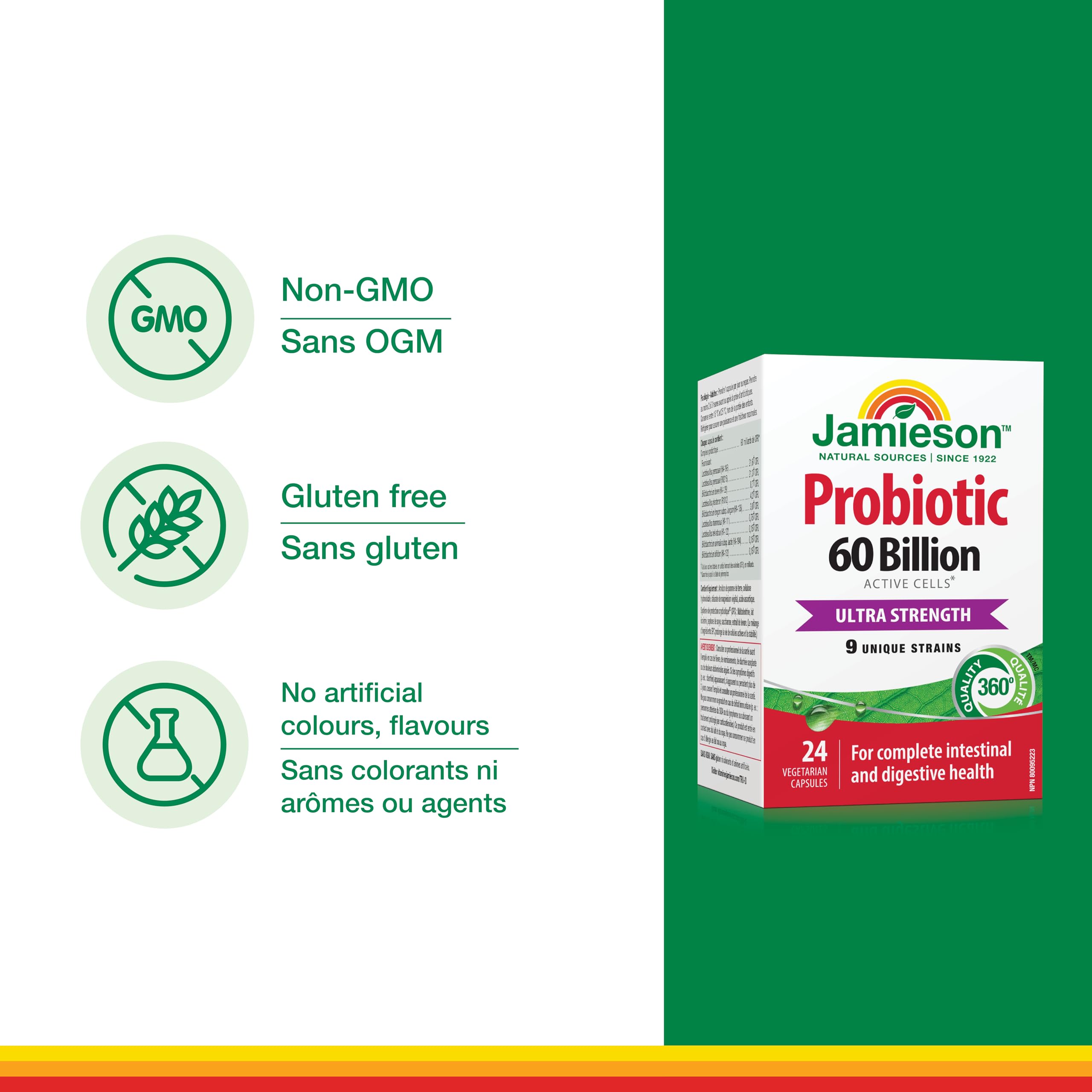 Jamieson Probiotic 60 Billion Active Cells, Ultra Strength, Supports Digestive Health and Intestinal Health. 9 Unique Strains, Including Lactobacillus and Bifidobacterium, Non-GMO, Gluten-Free, 24 Vegetarian capsules 🍁 All In One Marketplace Canada