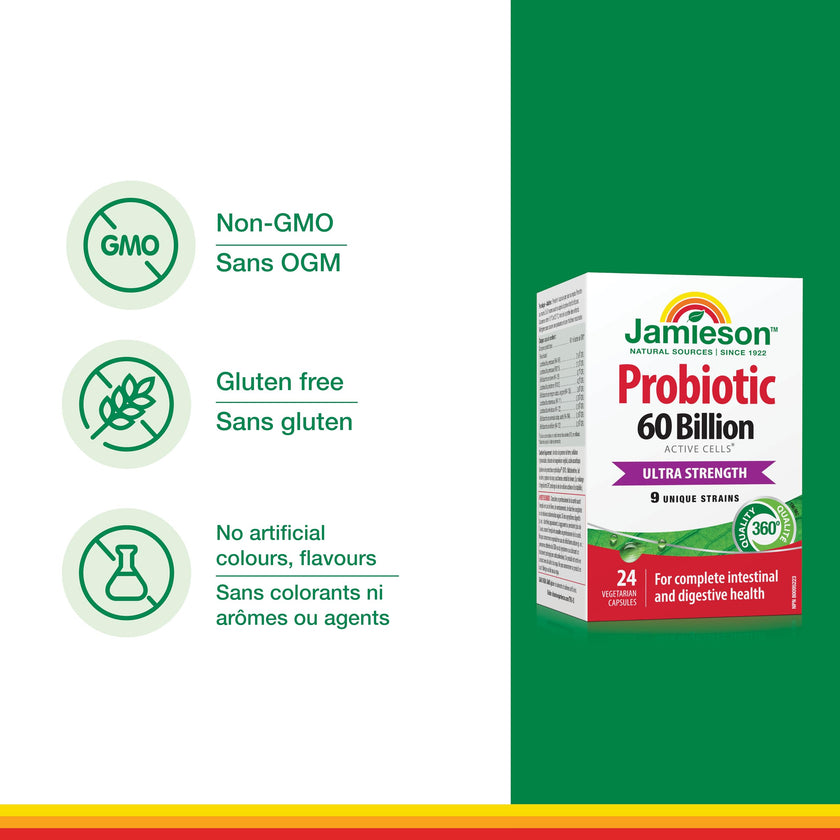 Jamieson Probiotic 60 Billion Active Cells, Ultra Strength, Supports Digestive Health and Intestinal Health. 9 Unique Strains, Including Lactobacillus and Bifidobacterium, Non-GMO, Gluten-Free, 24 Vegetarian capsules 🍁 All In One Marketplace Canada