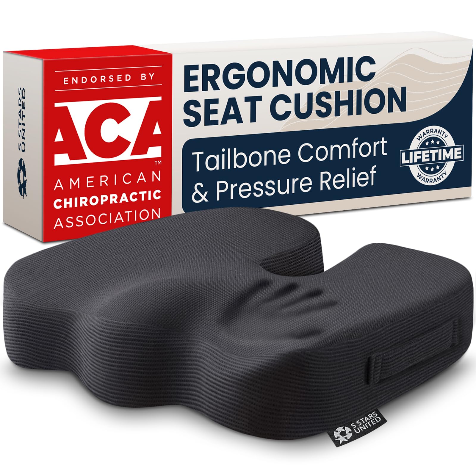 5 STARS UNITED Seat Cushion - Memory Foam Chair Cushion for Tailbone Pain Relief - Ergonomic Support for Coccyx, Sciatica & Butt - Office, Desk & Gaming Chair, Car Seat, Wheelchair, Airplane, Black 🍁 All In One Marketplace Canada