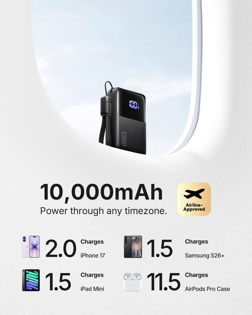 INIU Power Bank, Smallest Portable Charger 10000mAh, 45W Fast Charging Mini Battery Pack with Detachable USB-C Cable, Flight-Safe Travel Powerbank for iPhone 17 16 15 Pro Max, Samsung S26, iPad, etc 🍁 All In One Marketplace Canada